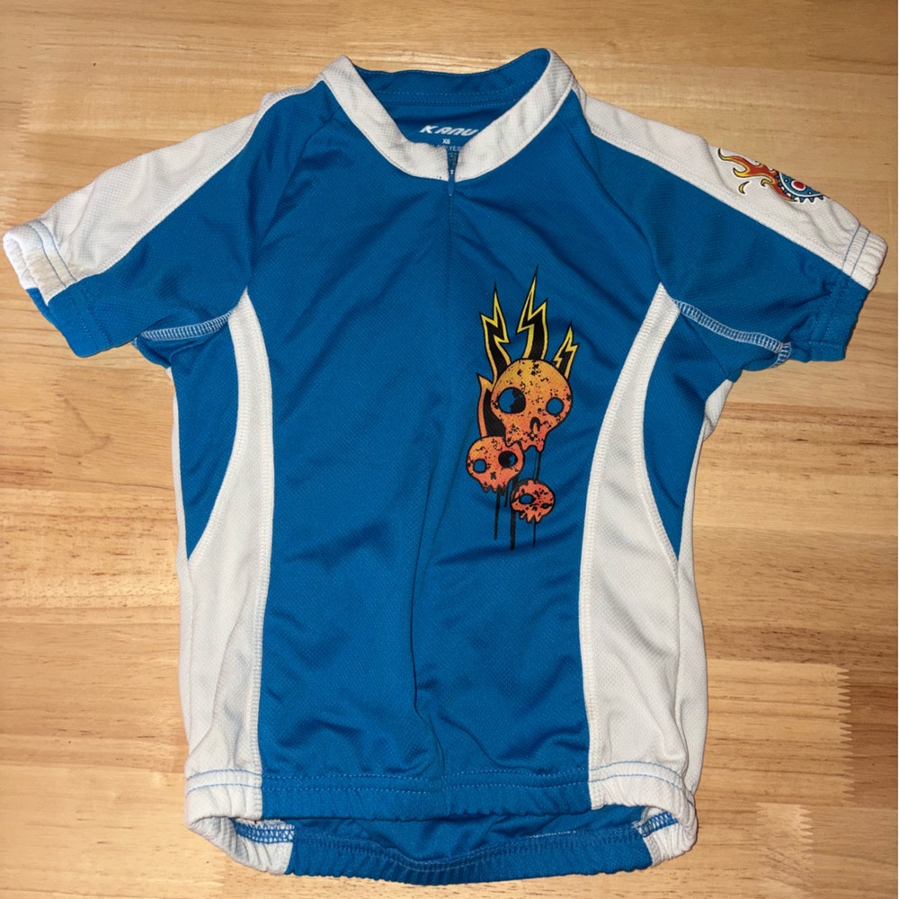 Kanu Blue and White Cycling Jersey with Skull Design XS kids